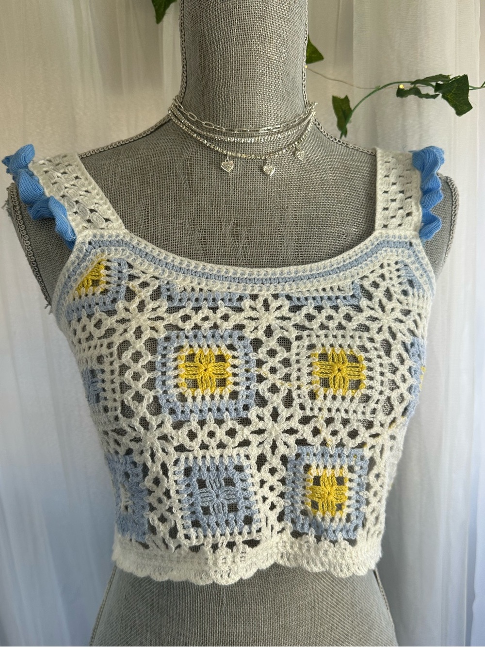 Hand-Crocheted Cream Crop Top with Blue & Yellow Accents
